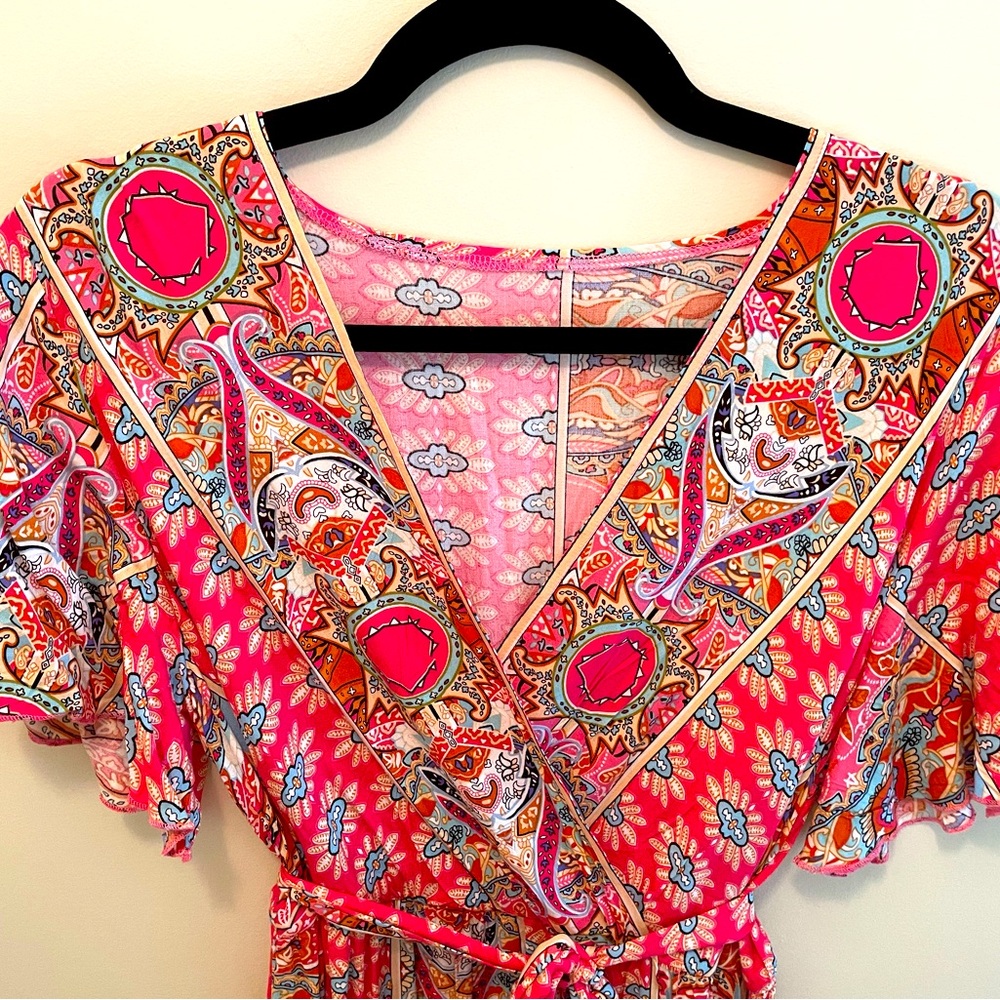 Floral Wrap V Neck Short Sleeve Dress with Belt - Picture 4 of 4